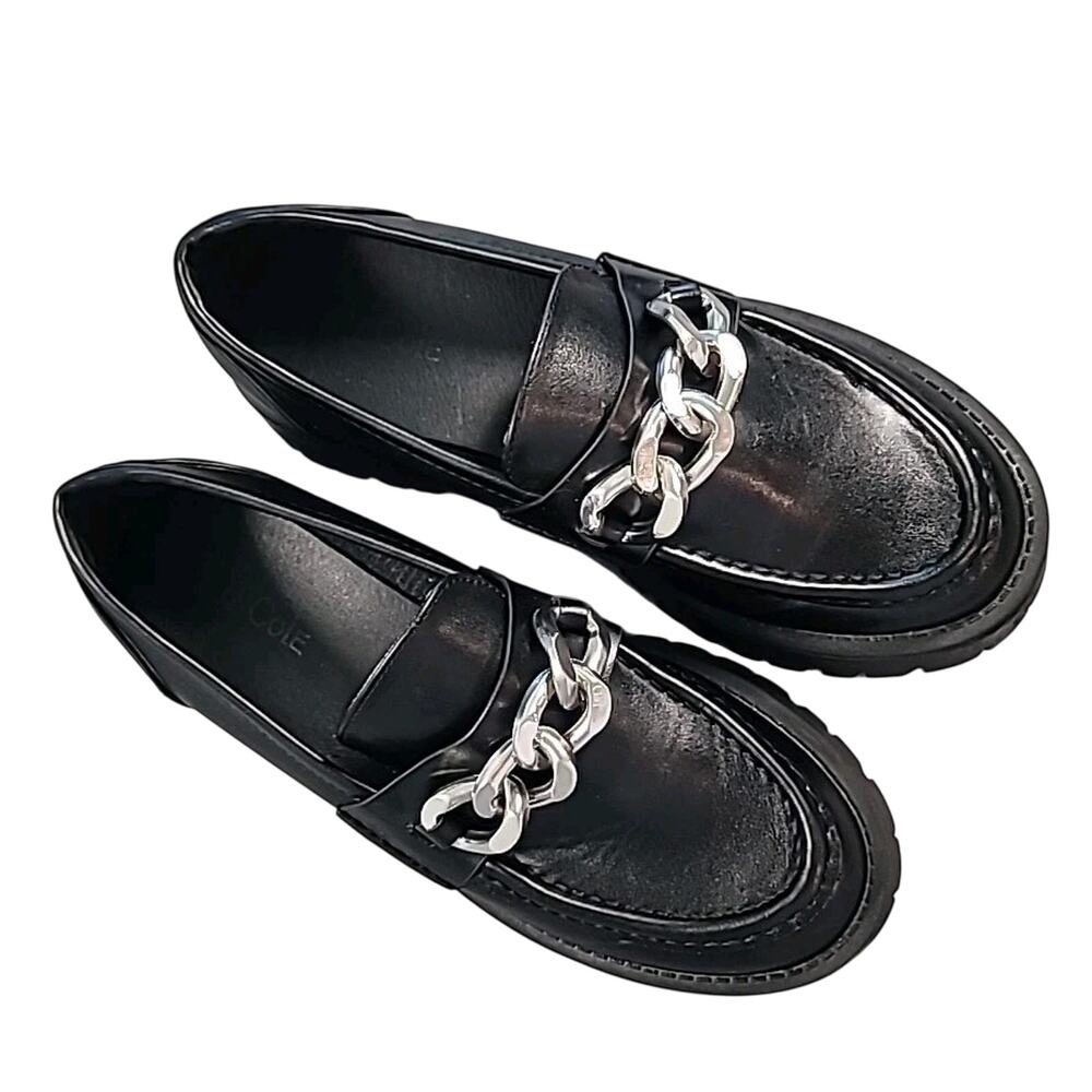 Women’s Chunky Platform Loafers Size 8M Black Shoes Silver Chain Y2K Grunge Chic